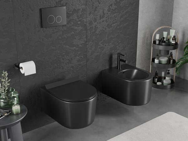 Mexen Sofia, falra akasztható wc csésze 490x360x355 mm, Perem nélküli Tornado + duroplast wc ülőke, fekete matt, 30540185T