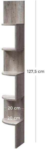 Sarokpolc, 5 szintes függesztett polc, cikk-cakk kivitel, könyvespolc, 20 x 20 x 127,5 cm
