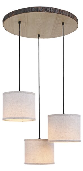 Landelijke hanglamp hout met witte kap rond 3-lichts - Oriana