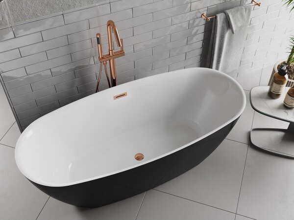Mexen Luvo Slim, szabadon álló kád 170 × 75 cm, fehér-fekete, rozéarany túlfolyóval, 52801707575-60