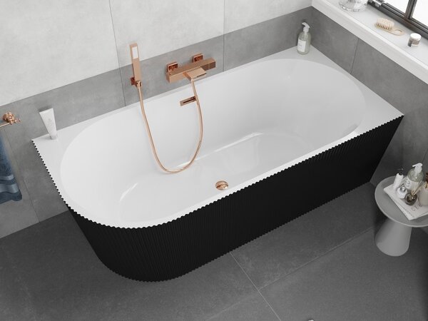 Mexen Silo, sarok szabadon álló, hornyolt kád, jobb oldali, 150 x 75 cm, fehér-fekete, rozéarany túlfolyóval, 52891507575P-60