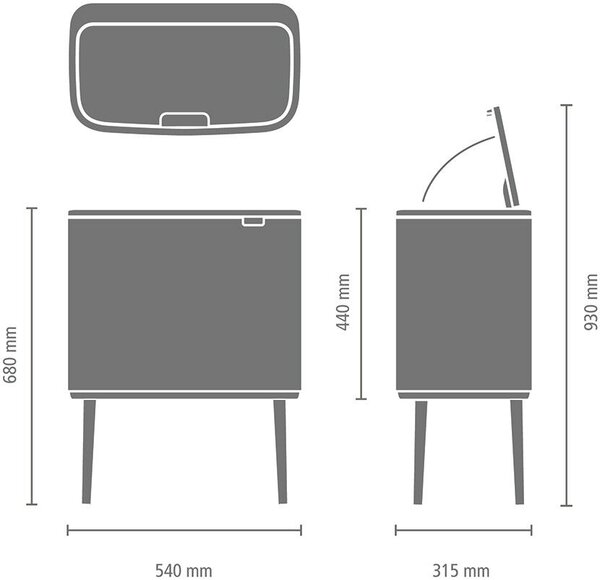 Brabantia Bo Touch Bin nyomófedeles hulladékgyűjtő, magasított, lábakon álló, műanyag tartály, 36L - R méret, acél, hamvasszürke - 254987