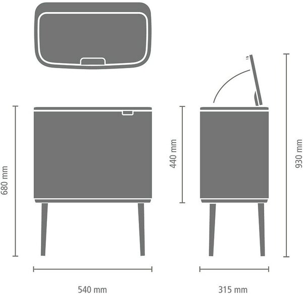 Brabantia Bo Touch Bin nyomófedeles szelektív hulladékgyűjtő, magasított, lábakon álló, műanyag tartály, 3x11L - X méret, acél, hamvasszürke - 255021