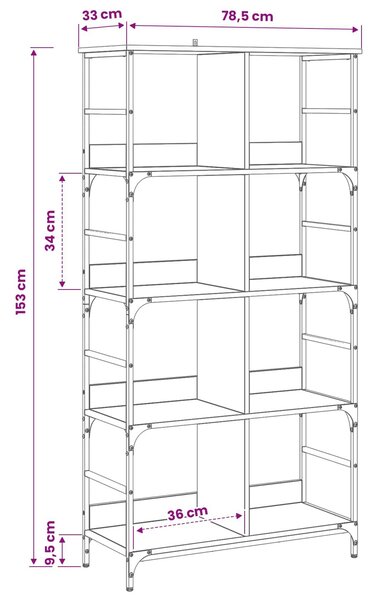 VidaXL Könyvespolc 4 szintes 78,5 x 33 x 153 cm fém PB Antik fa