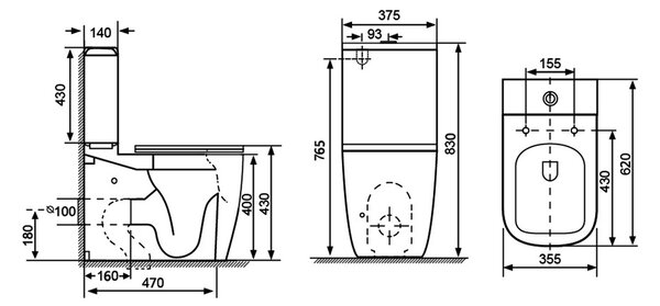 Sapho Sapho, IMALA kombi WC, Vortex Rimless, alsó/hátsó lefolyó, fehér, PC107V
