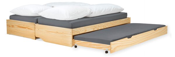 KONDELA Ágy kihúzható pótágyakkal, természetes, tömörfa, 90x200, FLOPY