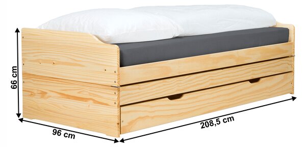 KONDELA Ágy kihúzható pótágyakkal, természetes, tömörfa, 90x200, FLOPY