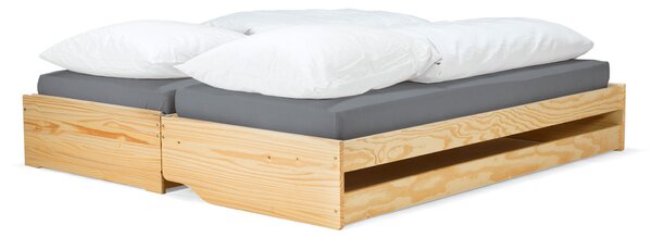 KONDELA Ágy kihúzható pótágyakkal, természetes, tömörfa, 90x200, FLOPY