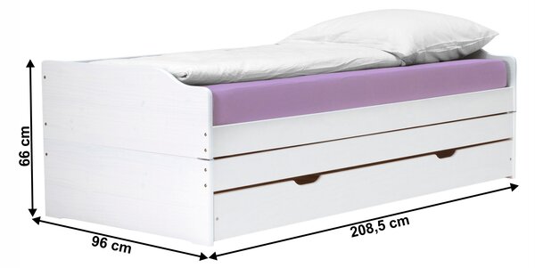 KONDELA Ágy kihúzható pótágyakkal, fehér, tömörfa, 90x200, FLOPY