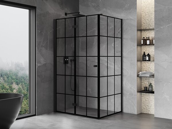 Mexen Mist-F T, 1 szárnyú összecsukható zuhanykabin bal oldali 80 x 70 cm, átlátszó üveg-fekete rács, 8A6T-080-070-70-77-L