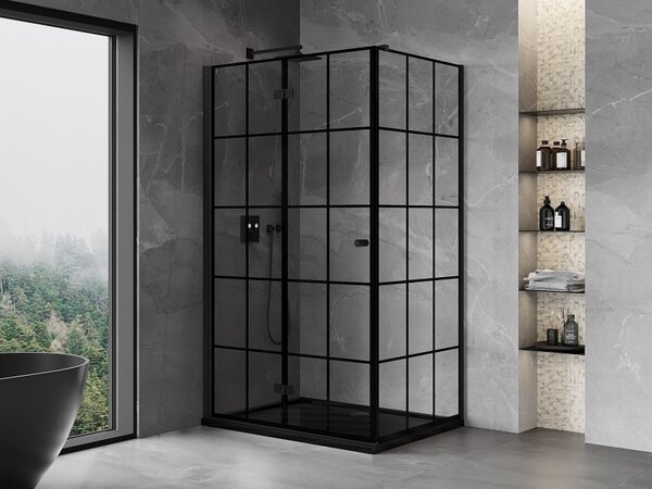Mexen Mist-F T, 1 szárnyú összecsukható zuhanykabin bal oldali 80 x 70 cm, átlátszó üveg-fekete rács, 8A6T-080-070-70-77-L