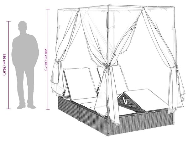 VidaXL Dupla napozóágy Állítható, 205 x 129 x 200 cm, polirattan, Piros