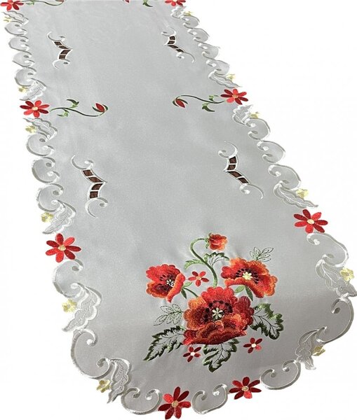 Asztalterítő gyönyörű hímzett pipacsokkal szürke színben Szélesség: 40 cm | Hosszúság: 160 cm