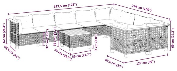 VidaXL 10 részes bézs polyrattan kerti ülőgarnitúra párnával