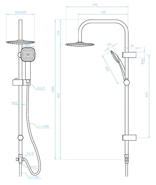 Kuchinox Ondo, zuhanyoszlop esőztetővel 200x200 mm, fekete, LAV-PG7_70KX