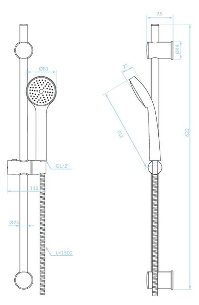 Kuchinox MEVA, zuhanyszett oszlopos és kézi zuhanyfejjel, 622 mm, króm, LAV-NKM_01A1