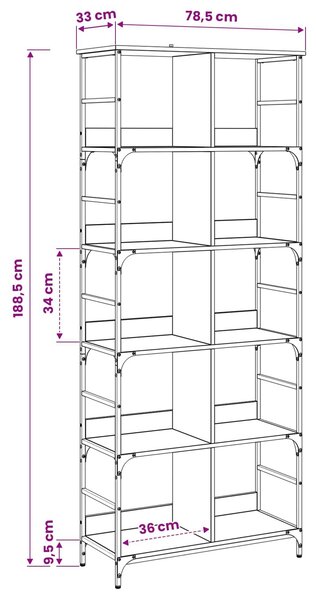 VidaXL Könyvespolc 4 szintes 78,5 x 33 x 188,5 cm fém PB Antik fa