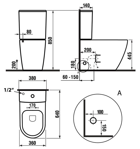 Sapho Sapho, TURKU kombi WC, Vortex Rimless, alsó/hátsó lefolyó, fehér, PC104V