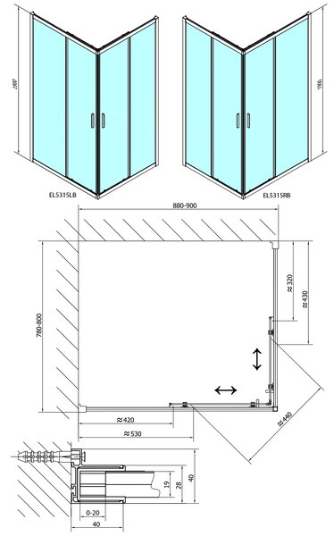Polysan Polysan, EASY BLACK négyszögletes zuhanyparaván 900x800mm, átlátszó üveg, EL5315B