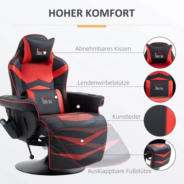 HOMCOM Prémium Gamer Szék, masszázs funkció, dönthető háttámla, lábtartó, acél keret, műbőr, piros