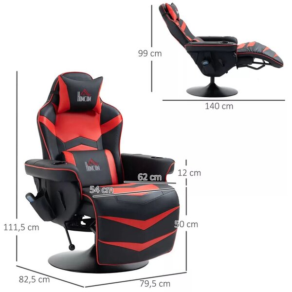 HOMCOM Prémium Gamer Szék, masszázs funkció, dönthető háttámla, lábtartó, acél keret, műbőr, piros