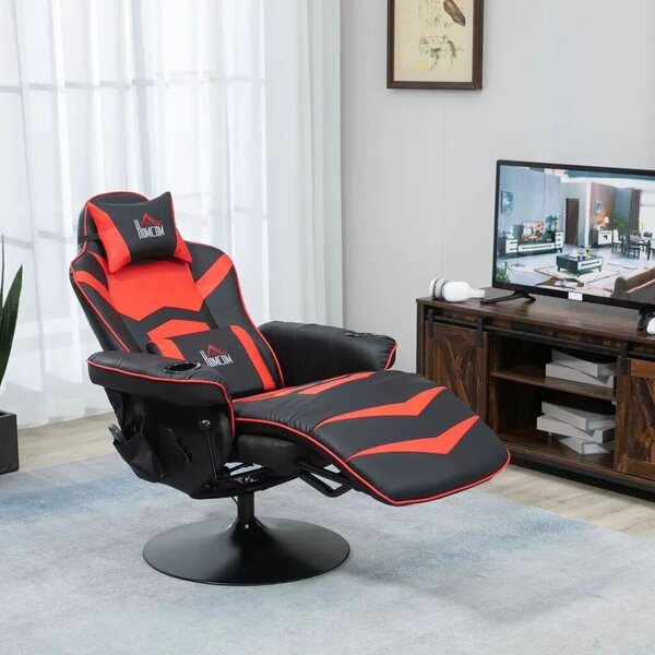 HOMCOM Prémium Gamer Szék, masszázs funkció, dönthető háttámla, lábtartó, acél keret, műbőr, piros