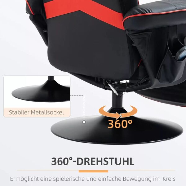 HOMCOM Prémium Gamer Szék, masszázs funkció, dönthető háttámla, lábtartó, acél keret, műbőr, piros