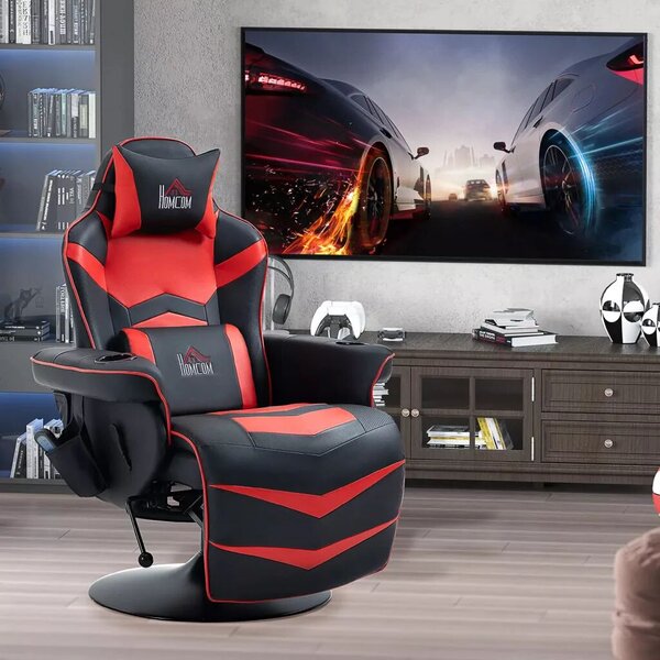 HOMCOM Prémium Gamer Szék, masszázs funkció, dönthető háttámla, lábtartó, acél keret, műbőr, piros