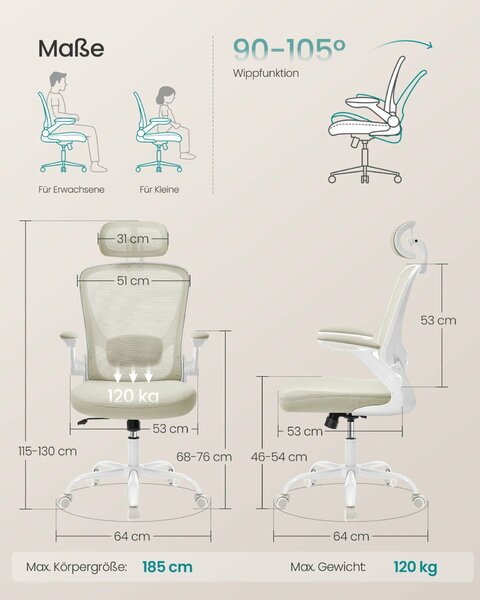 SONGMICS ergonomikus irodai szék, felhajtható kartámasz, cappuccino bézs