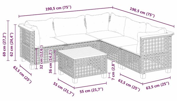 VidaXL 6 részes bézs polyrattan kerti ülőgarnitúra párnával