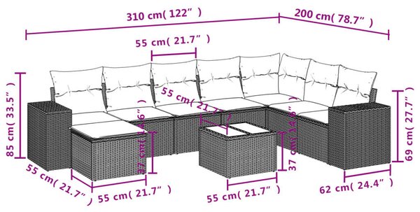VidaXL Kerti ülőgarnitúra szett, 9 részes, párnákkal, bézs, polirattan