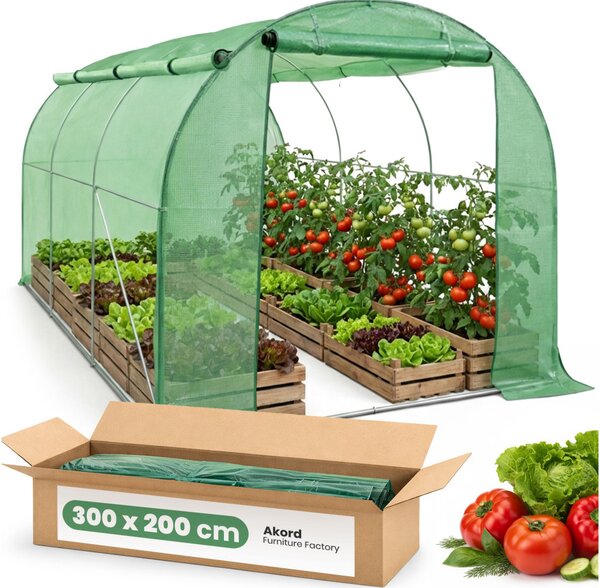 AKORD Furniture Factory kerti fóliaház alagút rolós oldalfalakkal 1 ajtó 6 ablak zöld 200x300x200 cm