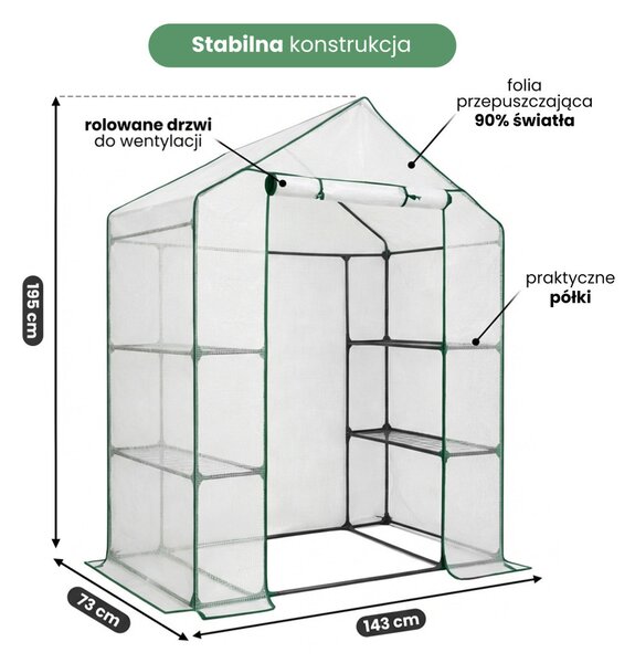 AKORD mini fóliaház polcokkal fehér 143x73x195 cm