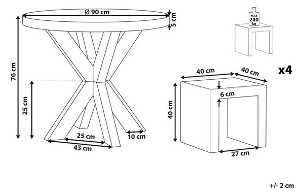 Kerti étkezőgarnitúra hokedlikkel 4 személyes OLBIA/TARANTO Szürke Beton