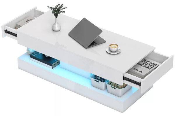 HOMCOM Nappali dohányzóasztal fiókokkal és LED lámpákkal, Modern kanapéasztal nyitott polccal, Fehér