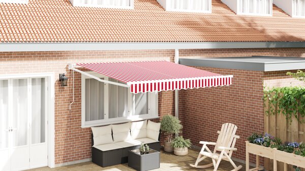 VidaXL Automatikus behúzható napellenző Piros és fehér csík 300x250 cm