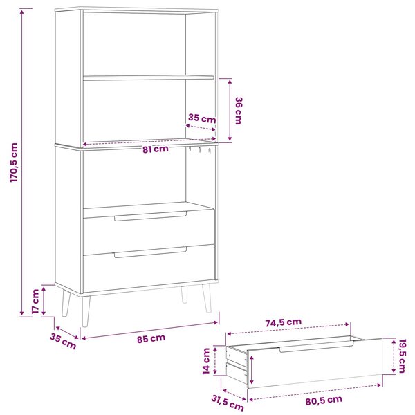 VidaXL Könyvszekrény MOLDE 85 x 35 x 170,5 cm Tömör Fenyőfa Karamell