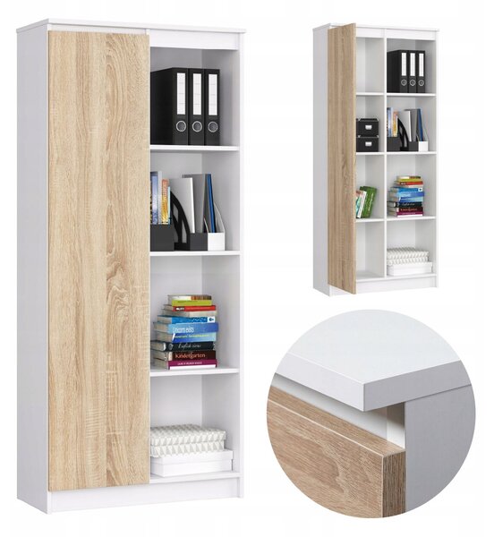 Polc ajtóval és 8 polccal, 16 mm-es laminált forgácslap, 80x35x180 cm, fehér és sonoma tölgy