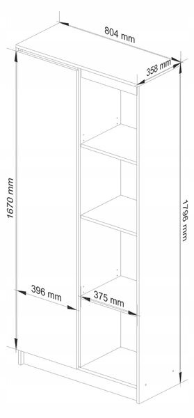 Polc ajtóval és 8 polccal, 16 mm-es laminált forgácslap, 80x35x180 cm, fehér és sonoma tölgy
