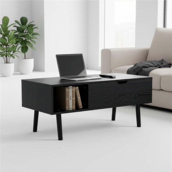 Kávézóasztal lehajtható asztallappal, tárolóhellyel, fém lábakkal, 100x50x43 cm, modern design, fekete
