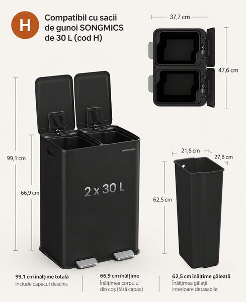 Kukás kosár 2x30L, 2 rekeszes, soft-close fedéllel és belső vödrökkel, acél, fekete