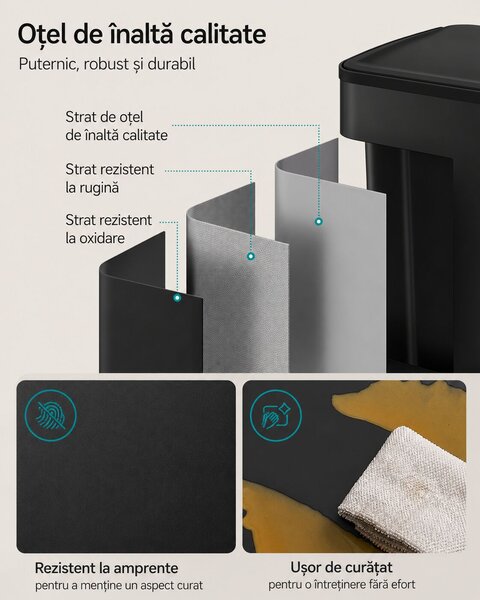 Kukás kosár 2x30L, 2 rekeszes, soft-close fedéllel és belső vödrökkel, acél, fekete
