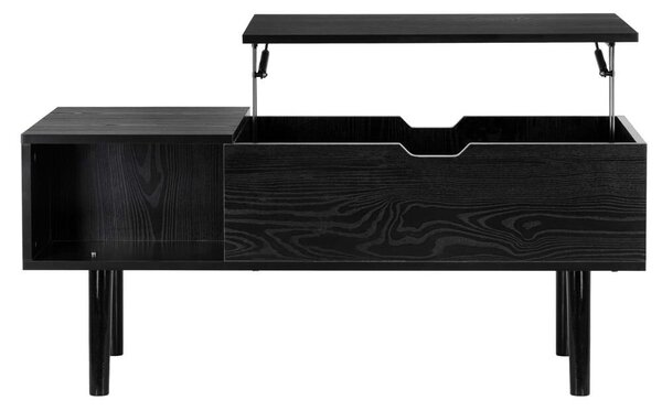 Kávézóasztal lehajtható asztallappal, tárolóhellyel, fém lábakkal, 100x50x43 cm, modern design, fekete