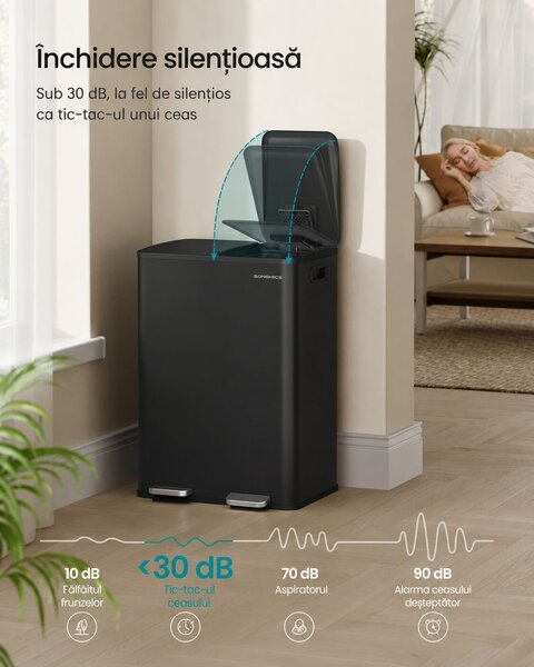 Kukás kosár 2x30L, 2 rekeszes, soft-close fedéllel és belső vödrökkel, acél, fekete