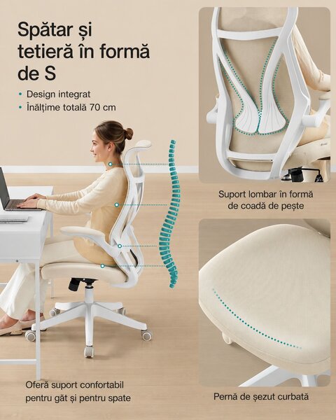 Ergonomikus irodai szék támlával, deréktámasz, összecsukható karfák, max. 150 kg, 71x71x119 cm, cappuccino bézs