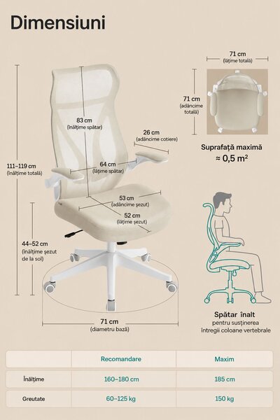 Ergonomikus irodai szék támlával, deréktámasz, összecsukható karfák, max. 150 kg, 71x71x119 cm, cappuccino bézs