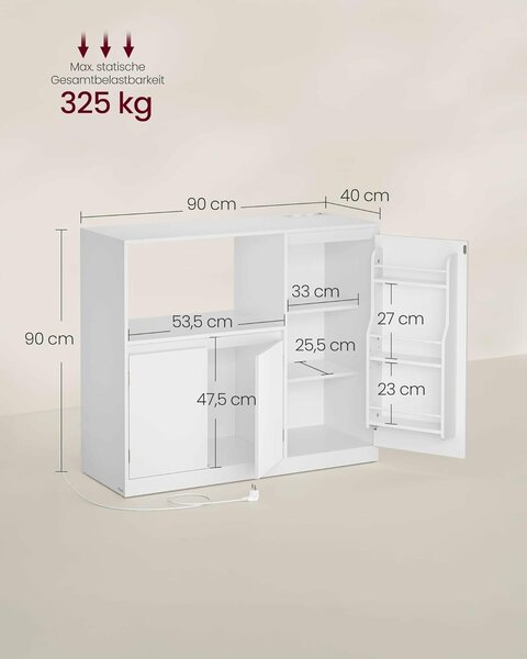 Konyhaszekrény mikrohullámú sütő polccal, 3 ajtóval és állítható polcokkal, beépített konnektorral, 90x40x90 cm, fehér