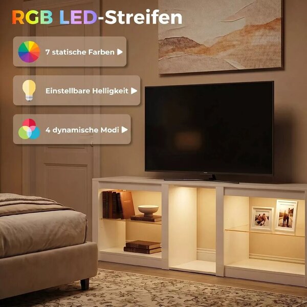 TV-szekrény RGB LED világítással, modern, fehér