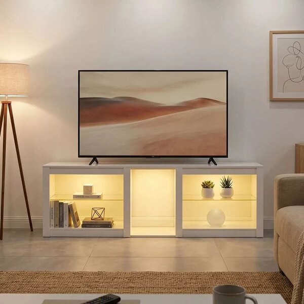 TV-szekrény RGB LED világítással, modern, fehér