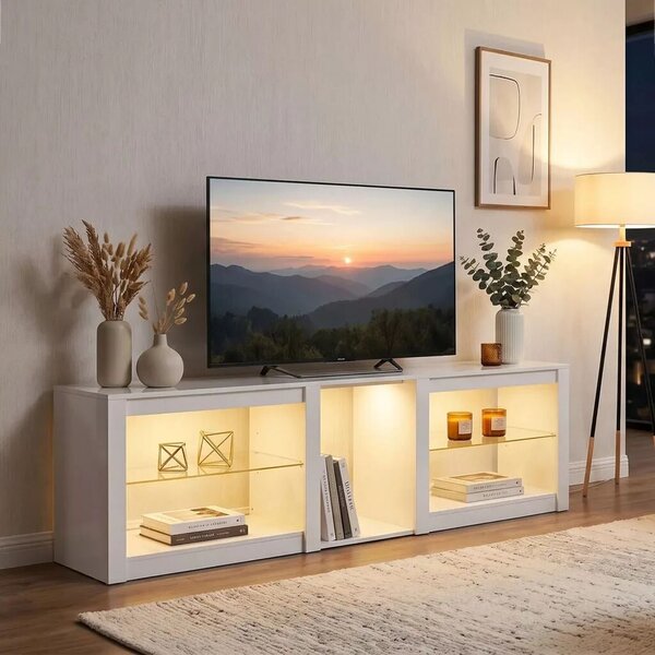 TV-szekrény RGB LED világítással, modern, fehér